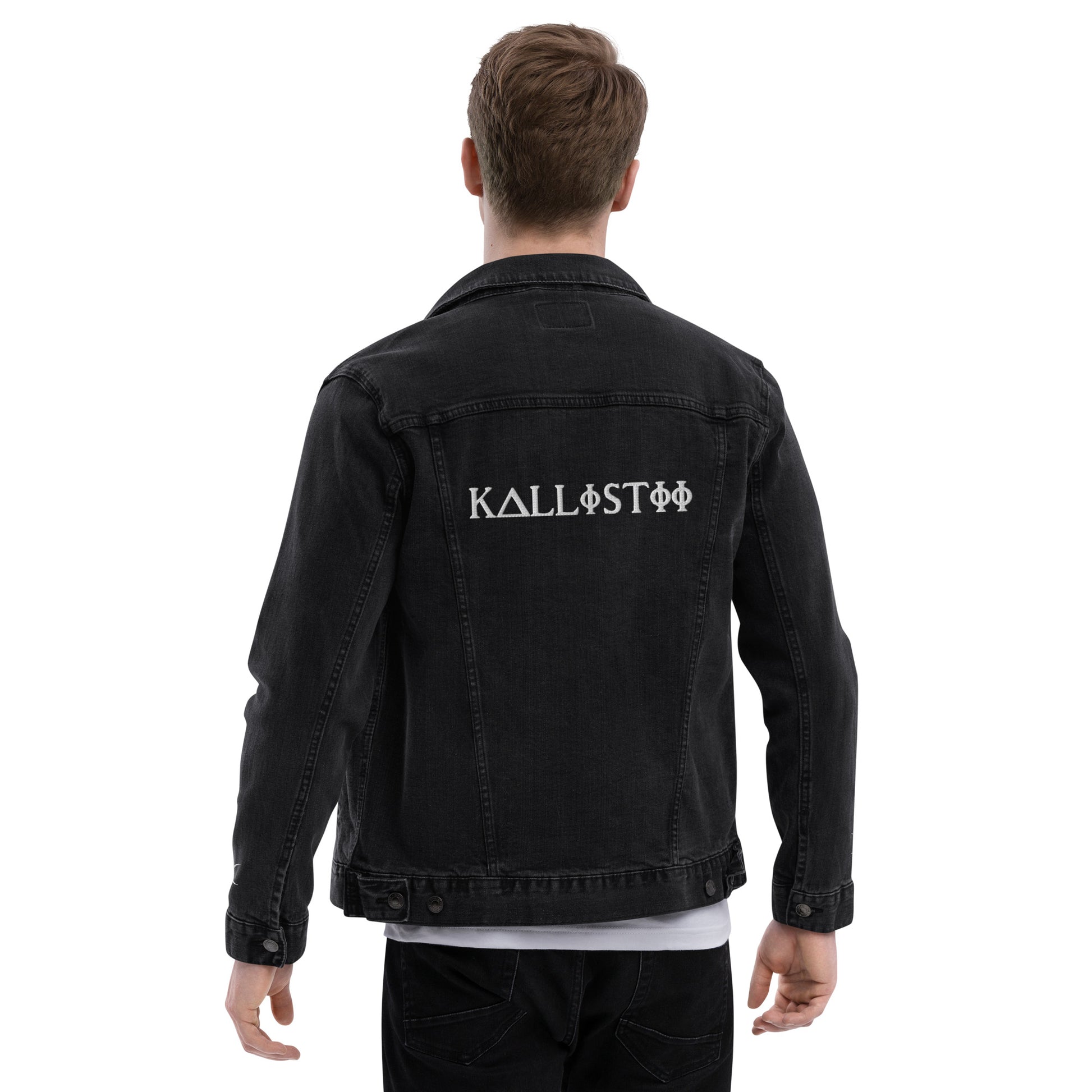 Back view of man wearing black embroidered denim jacket with kallistii logo on the back