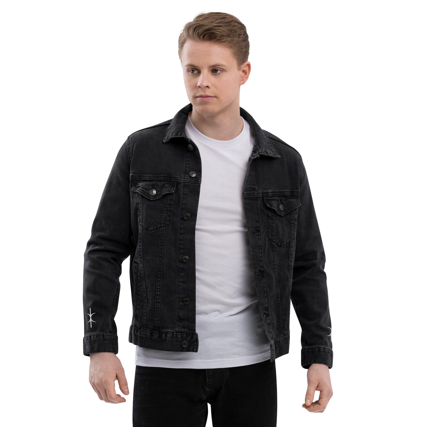 Kallistii black embroidered denim jacket worn by man over white t-shirt with button closure