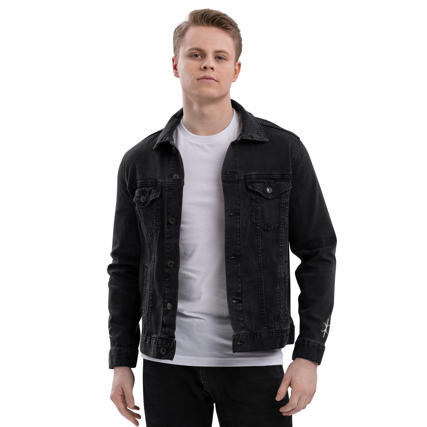 Kallistii black embroidered denim jacket worn by male model with white t-shirt and black pants