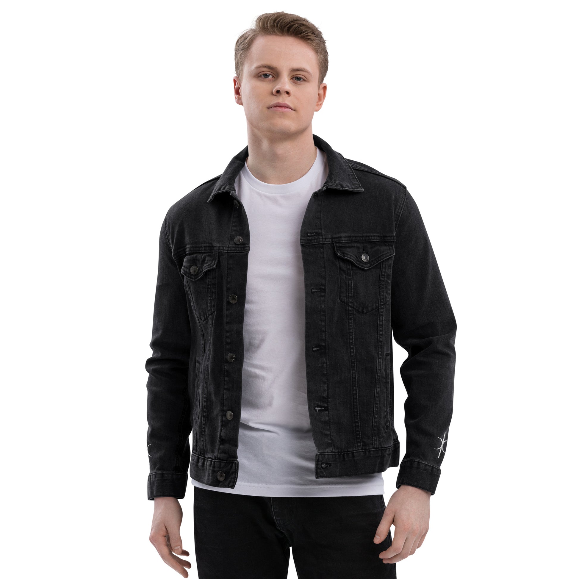 Kallistii black embroidered denim jacket worn by male model with white t-shirt and black pants