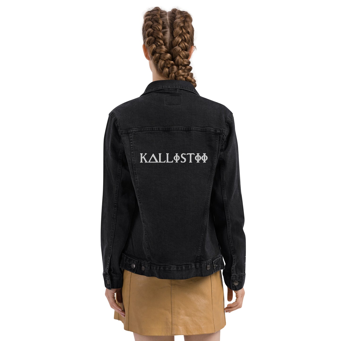 Kallistii black embroidered denim jacket with brand logo on back worn by model with braided hair