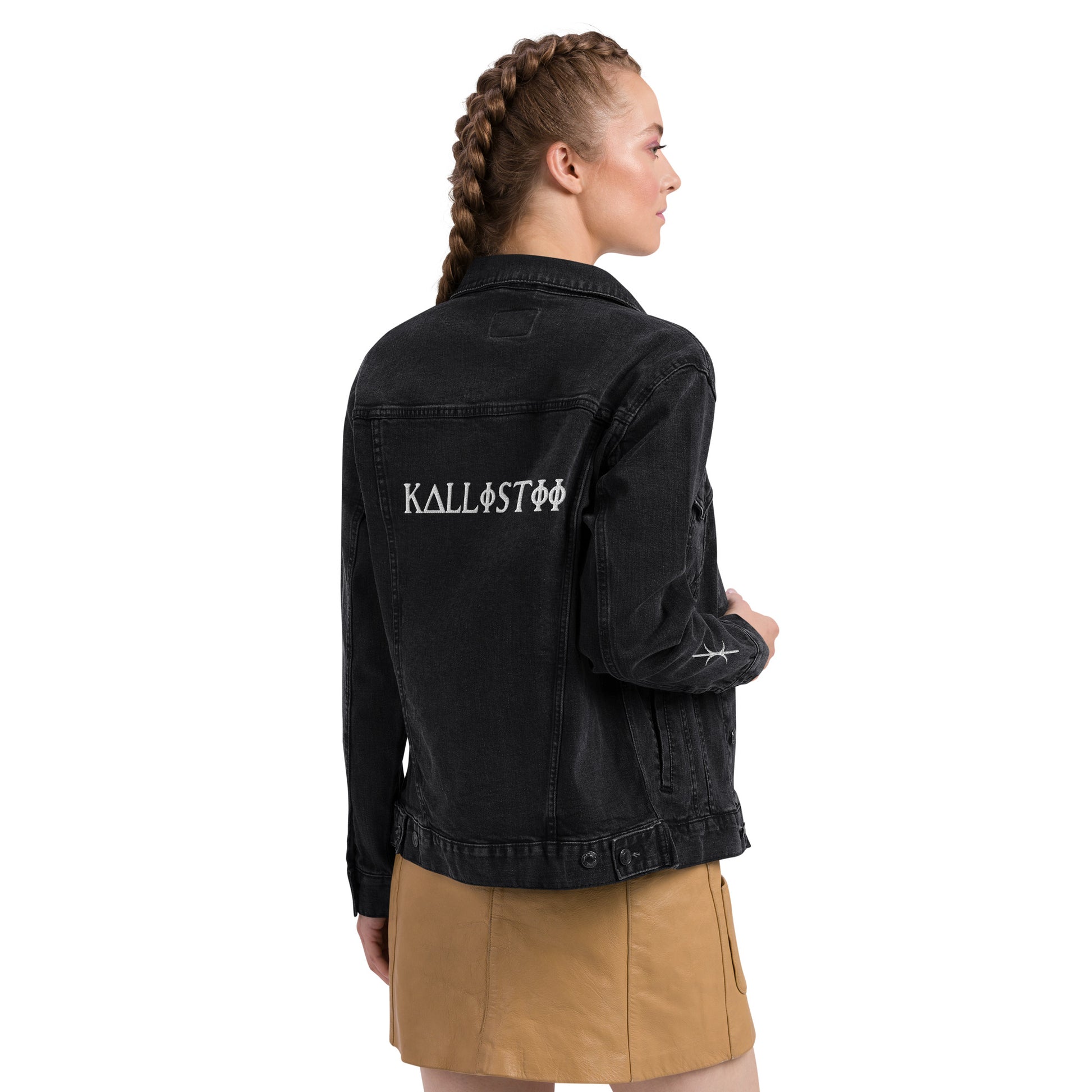 Black embroidered denim jacket by kallistii with white back logo and sleeve embroidery