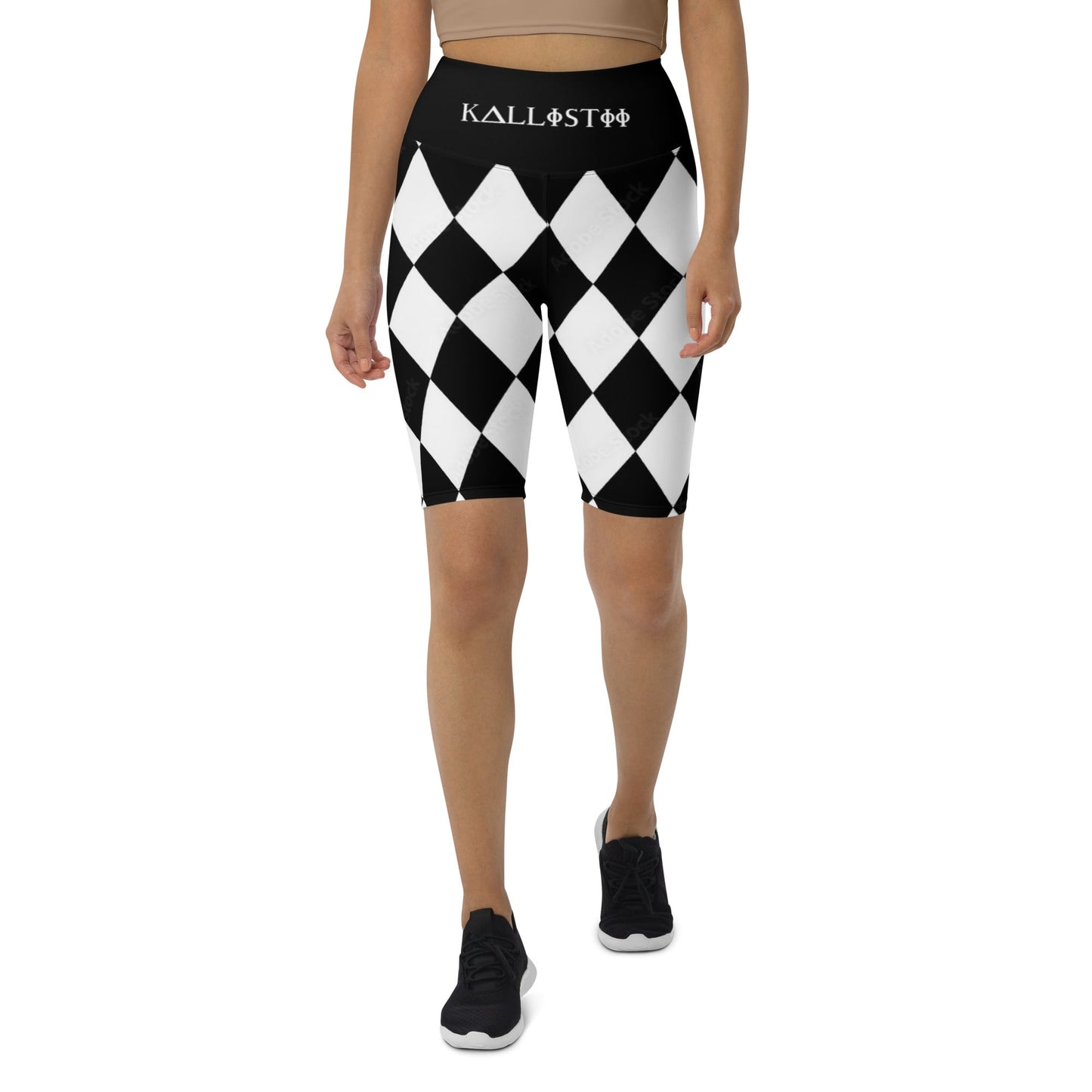 Kallistii harlequin active shorts with black and white diamond pattern and high waistband