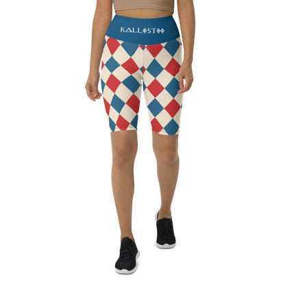 kallistii harlequin active shorts with red white and blue diamond pattern and navy waistband
