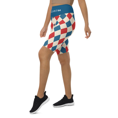 Kallistii harlequin active shorts with red, blue, and white diamond pattern and blue waistband