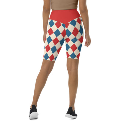 kallistii harlequin active shorts with red blue and white diamond pattern high waist design
