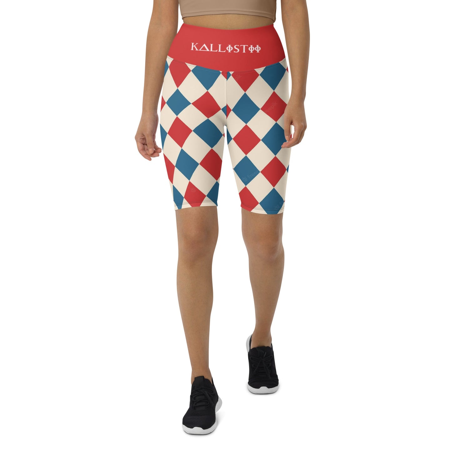 Kallistii harlequin active shorts with red and blue diamond pattern and high waistband