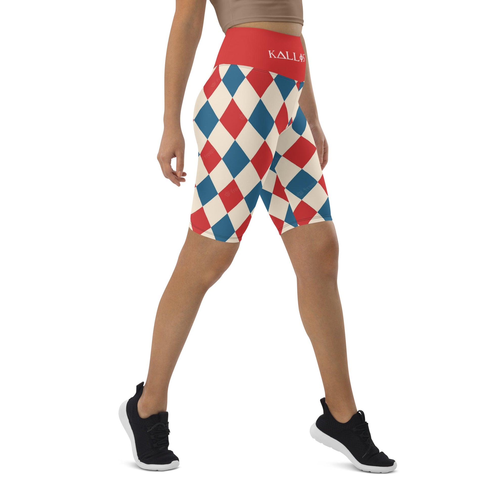 Kallistii harlequin active shorts with red and blue diamond pattern and high waist design