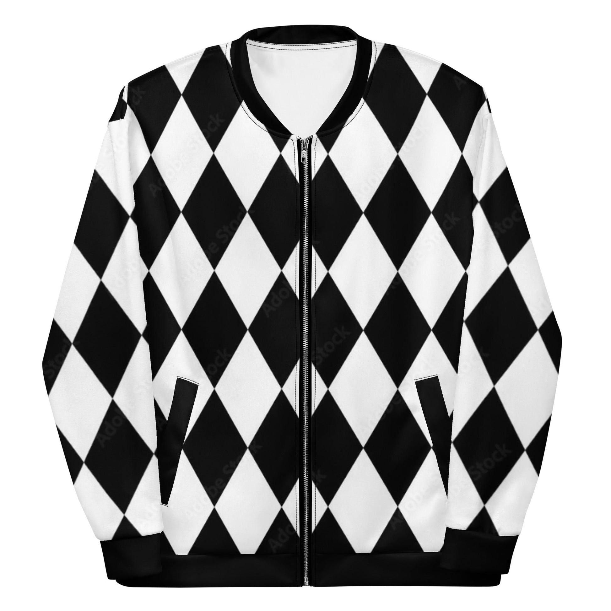 Kallistii harlequin bomber jacket with black and white diamond pattern and front zipper