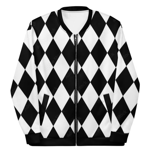 Kallistii harlequin bomber jacket with black and white diamond pattern and front zipper