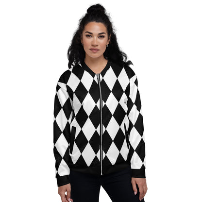Kallistii harlequin bomber jacket with black and white diamond pattern on woman model