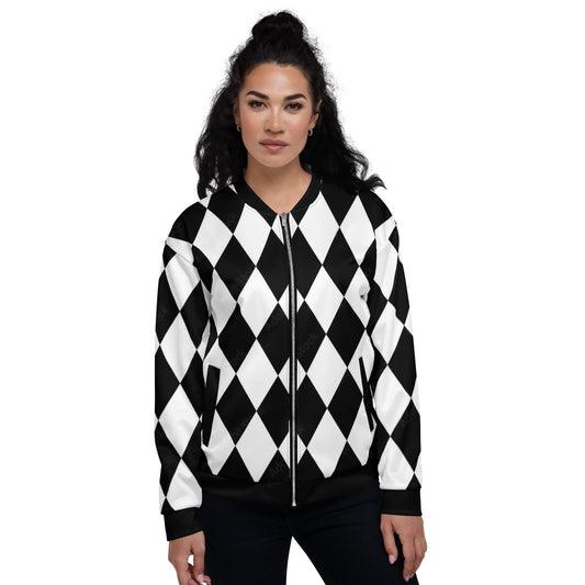 Kallistii harlequin bomber jacket with black and white diamond pattern on woman model