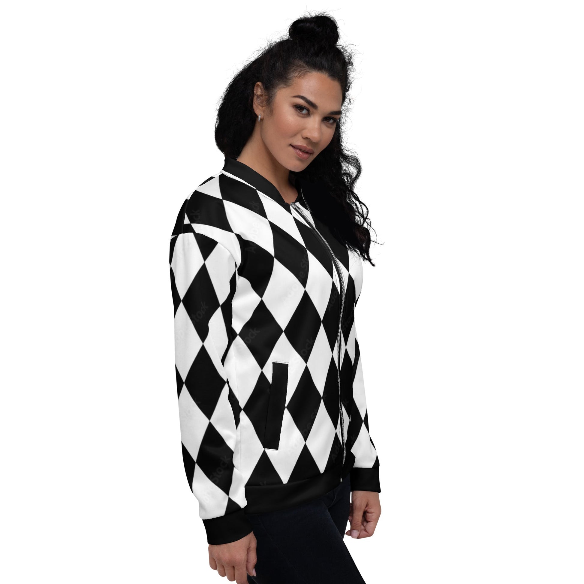 Kallistii harlequin bomber jacket in black and white diamond pattern worn by woman