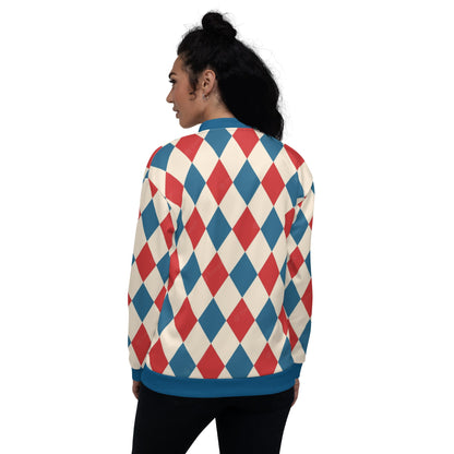 Back view of woman wearing kallistii harlequin bomber jacket with red blue and cream diamond pattern