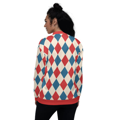 Kallistii harlequin bomber jacket featuring red and blue diamond pattern on back