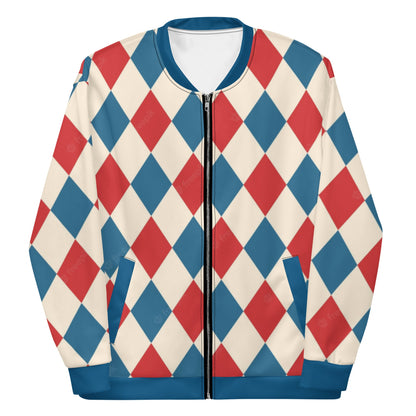 Kallistii harlequin bomber jacket with red blue and cream diamond pattern and front zipper