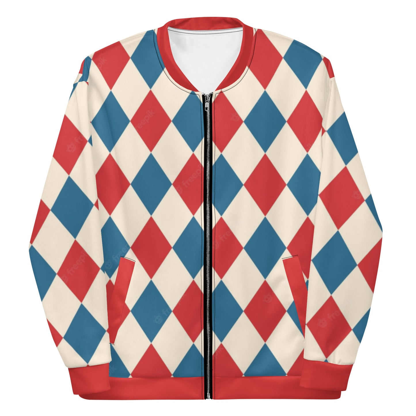 Kallistii harlequin bomber jacket with red blue and cream diamond pattern and front zipper closure