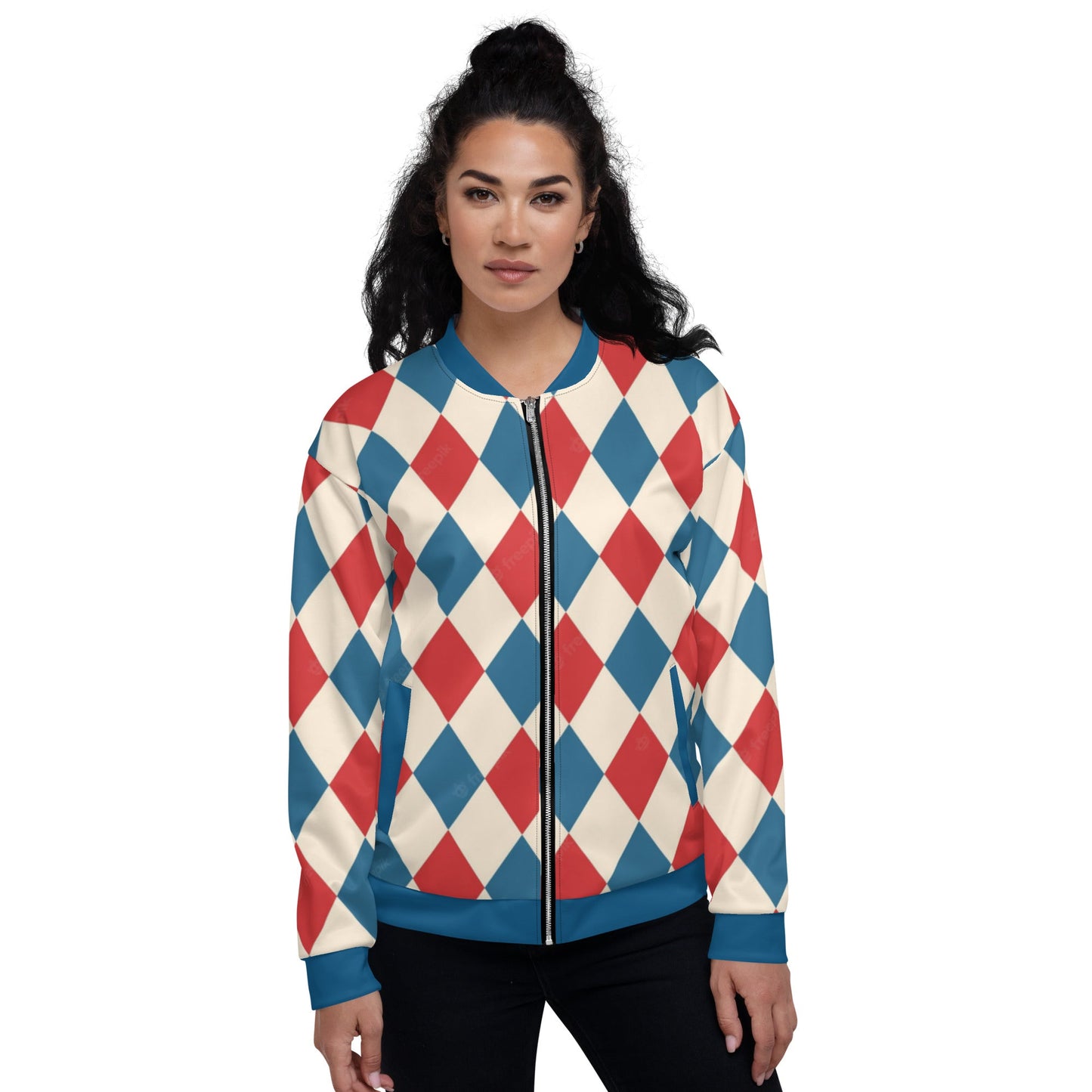 Kallistii harlequin bomber jacket with red blue and cream diamond pattern on female model