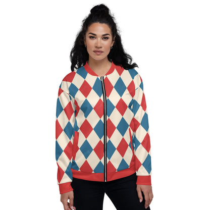 Kallistii harlequin bomber jacket with red, blue, and cream diamond pattern on woman