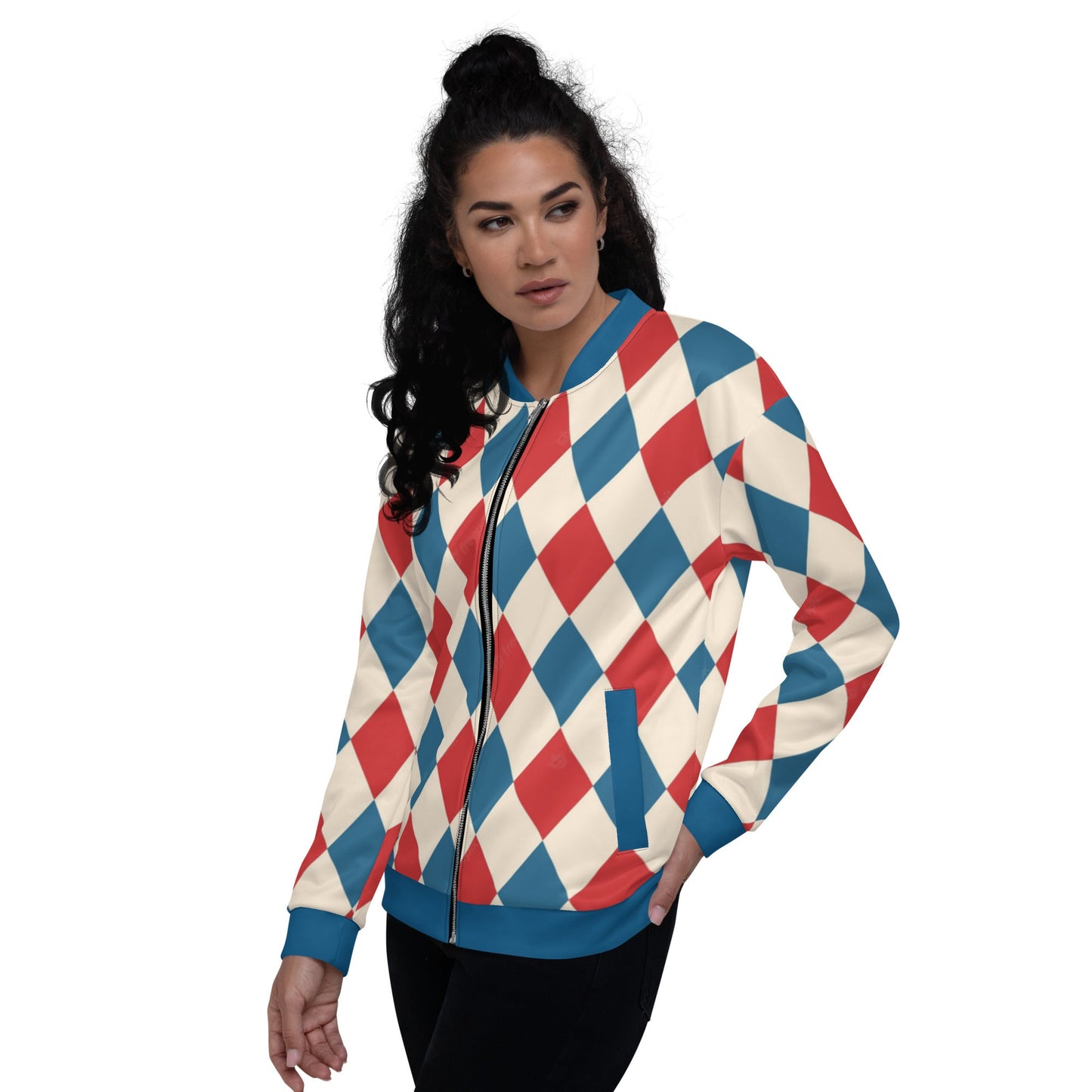 Kallistii harlequin bomber jacket with red blue and cream diamond pattern on woman