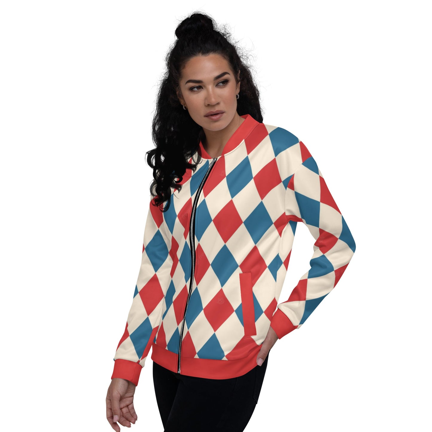 Kallistii harlequin bomber jacket with red and blue diamond pattern on a woman