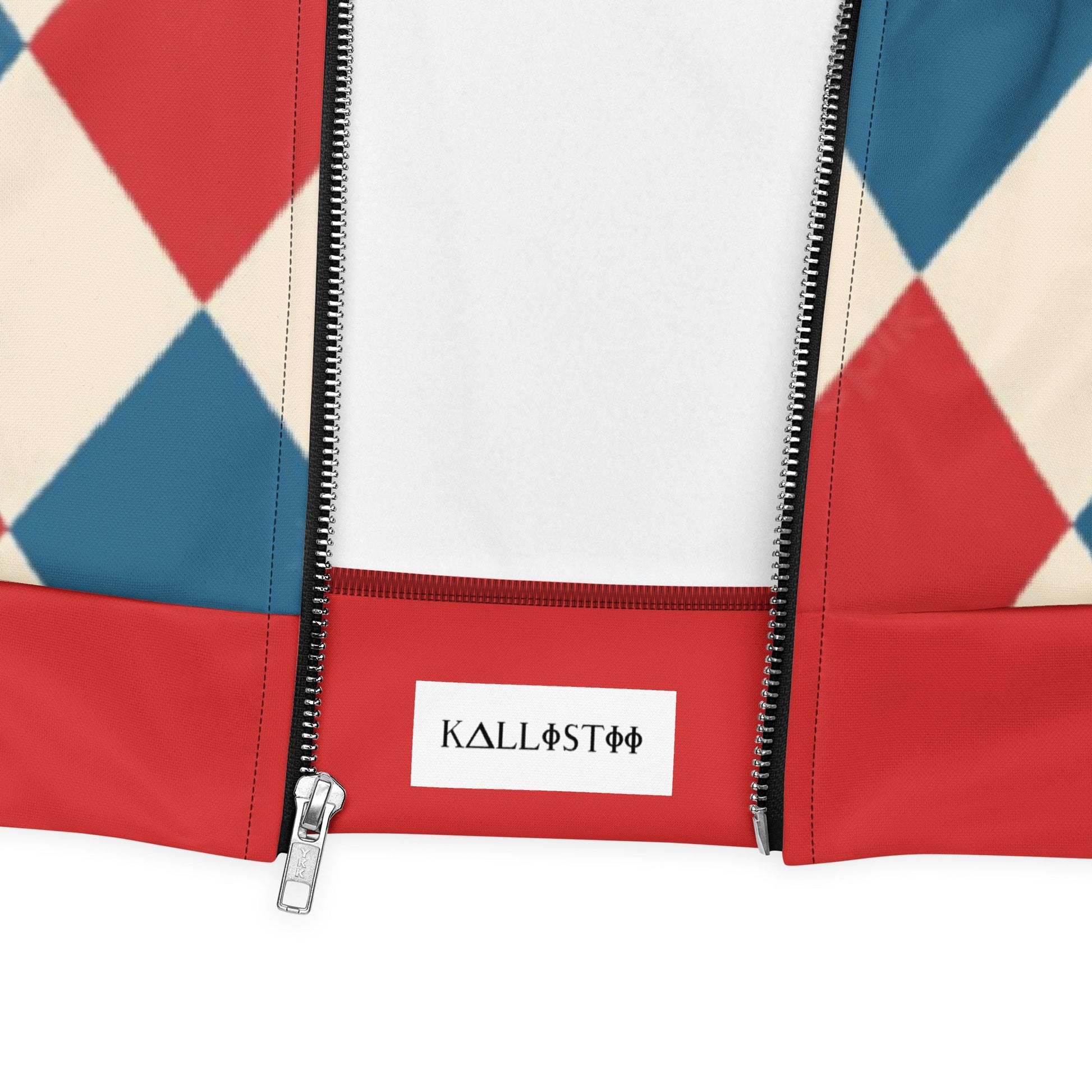 Close-up of kallistii harlequin bomber jacket zipper and brand label on red and multicolor outerwear