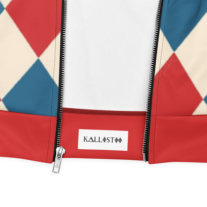 Close-up of kallistii harlequin bomber jacket zipper and brand label on red and multicolor outerwear