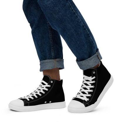 Black high-top statement sneakers for men with white laces and sole styled with cuffed jeans