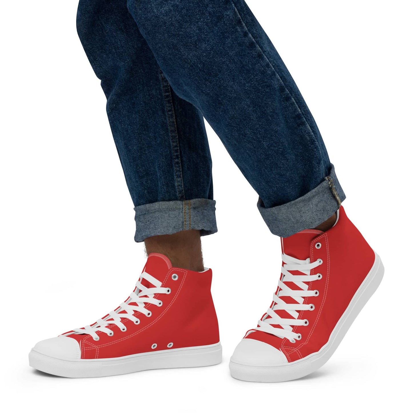 Kallistii red high-top statement sneakers for men with white laces and rubber soles worn with rolled-up jeans