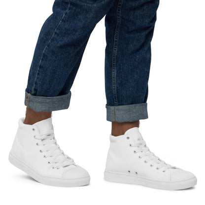 White high-top statement sneakers for men worn with cuffed blue jeans by kallistii