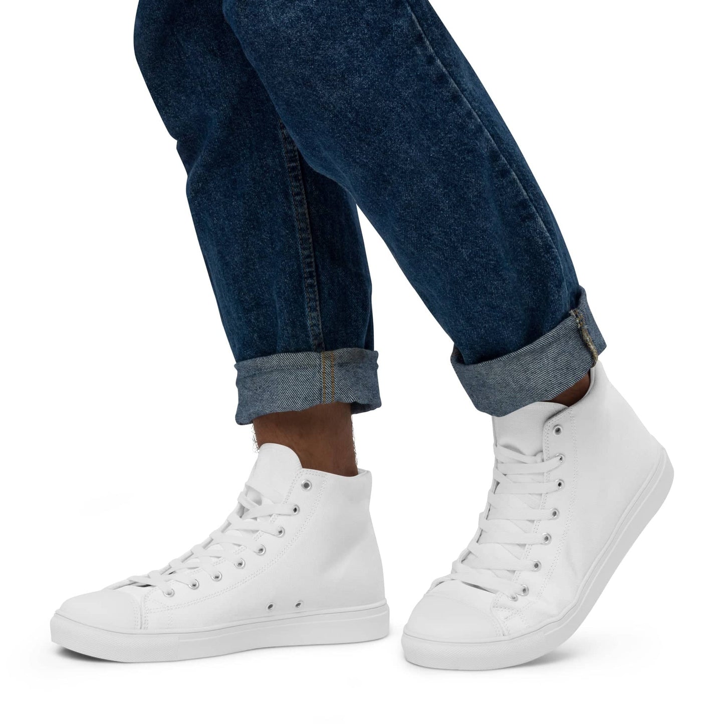 White high-top statement sneakers for men from kallistii paired with rolled-up jeans