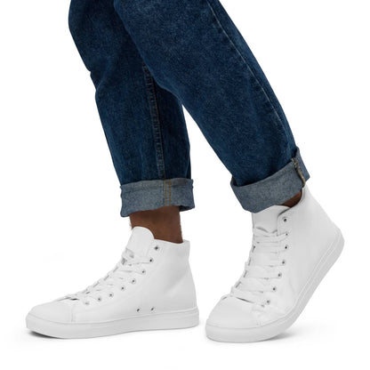 White high-top statement sneakers for men from kallistii paired with rolled-up jeans