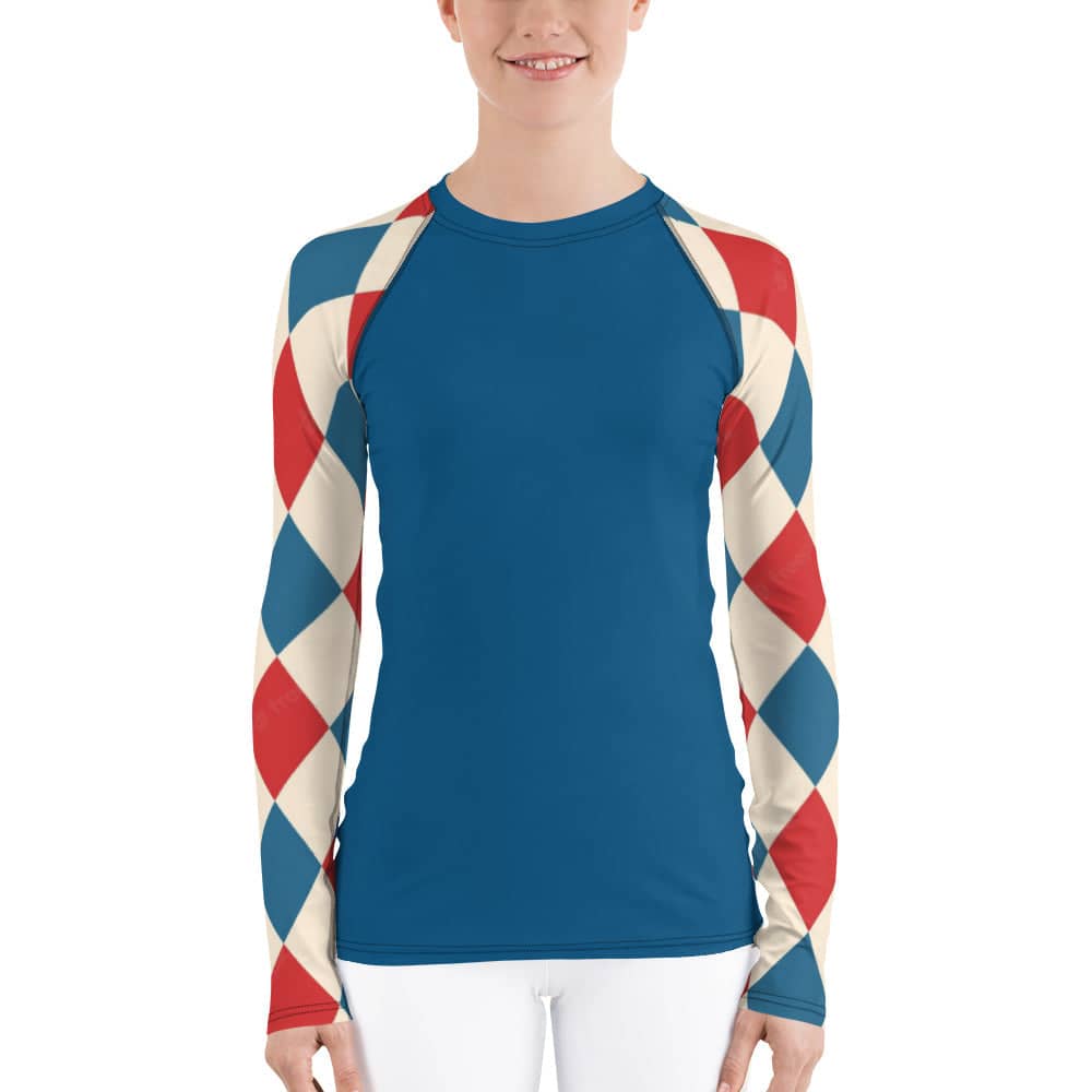 Kallistii long sleeve UPF swim top with blue front and red white blue diamond patterned sleeves