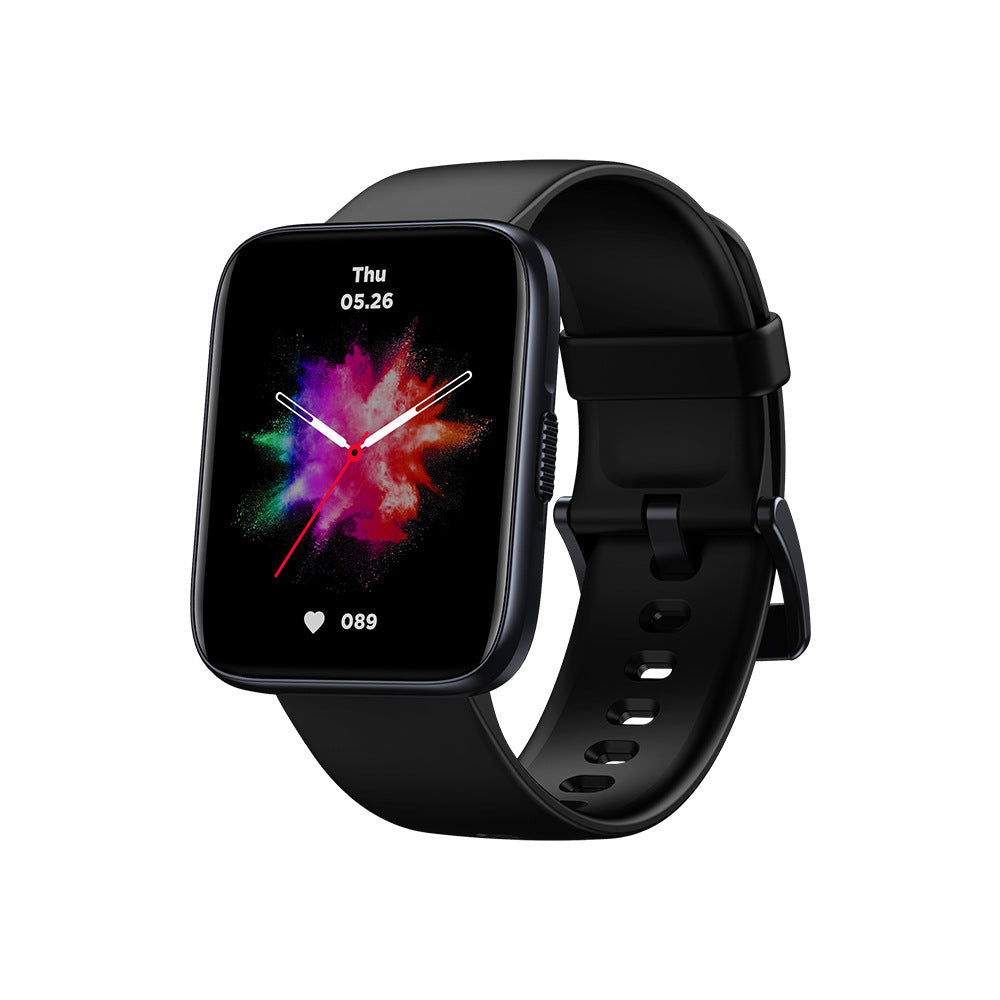 Kallistii large display smart watch with black strap and colorful digital clock face