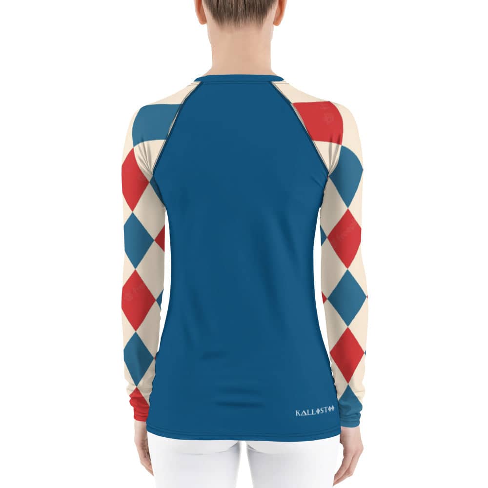 Kallistii long sleeve UPF swim top with blue body and red blue diamond pattern sleeves for sun protection
