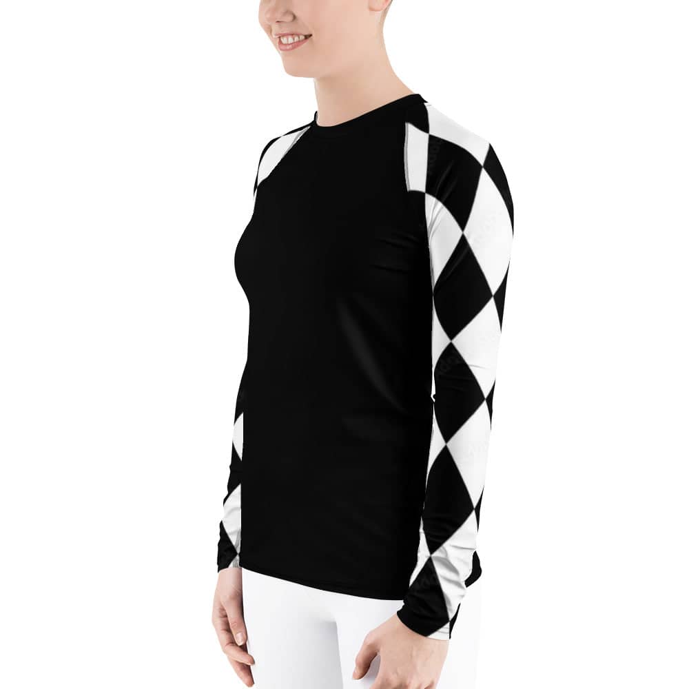 Kallistii long sleeve UPF swim top with black front and black and white checkered sleeves