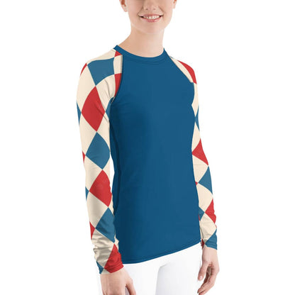 kallistii long sleeve UPF swim top with blue body and red white blue diamond patterned sleeves
