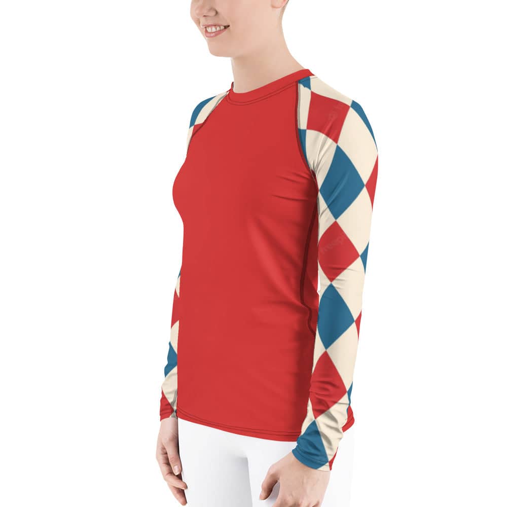 kallistii long sleeve UPF swim top with red body and blue red beige checkered sleeves