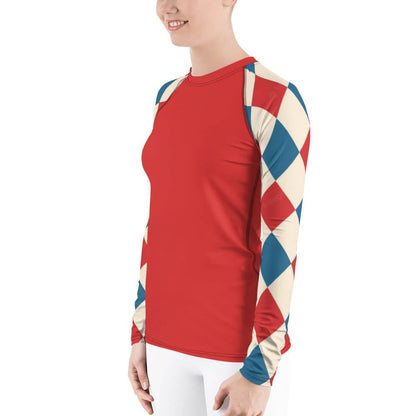 kallistii long sleeve UPF swim top with red body and blue red beige checkered sleeves