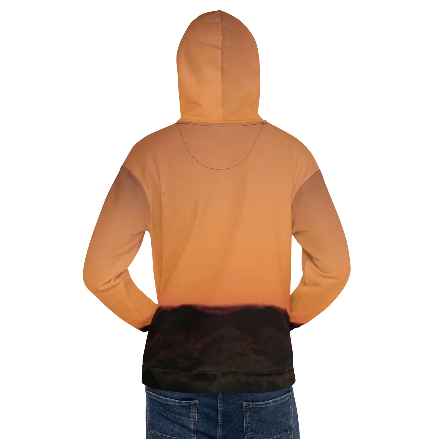 Back view of Mesa Hoodie sunset design with orange and black color gradient on a person wearing jeans
