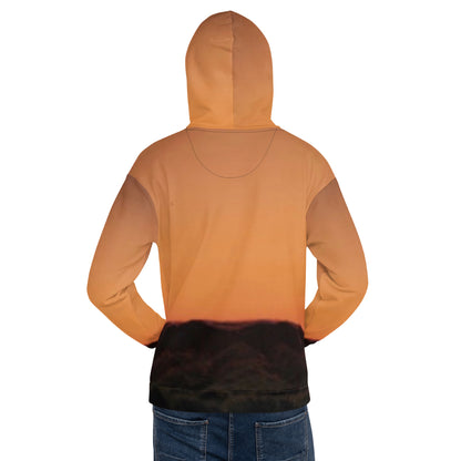 Back view of Mesa Hoodie sunset design with orange and black color gradient on a person wearing jeans