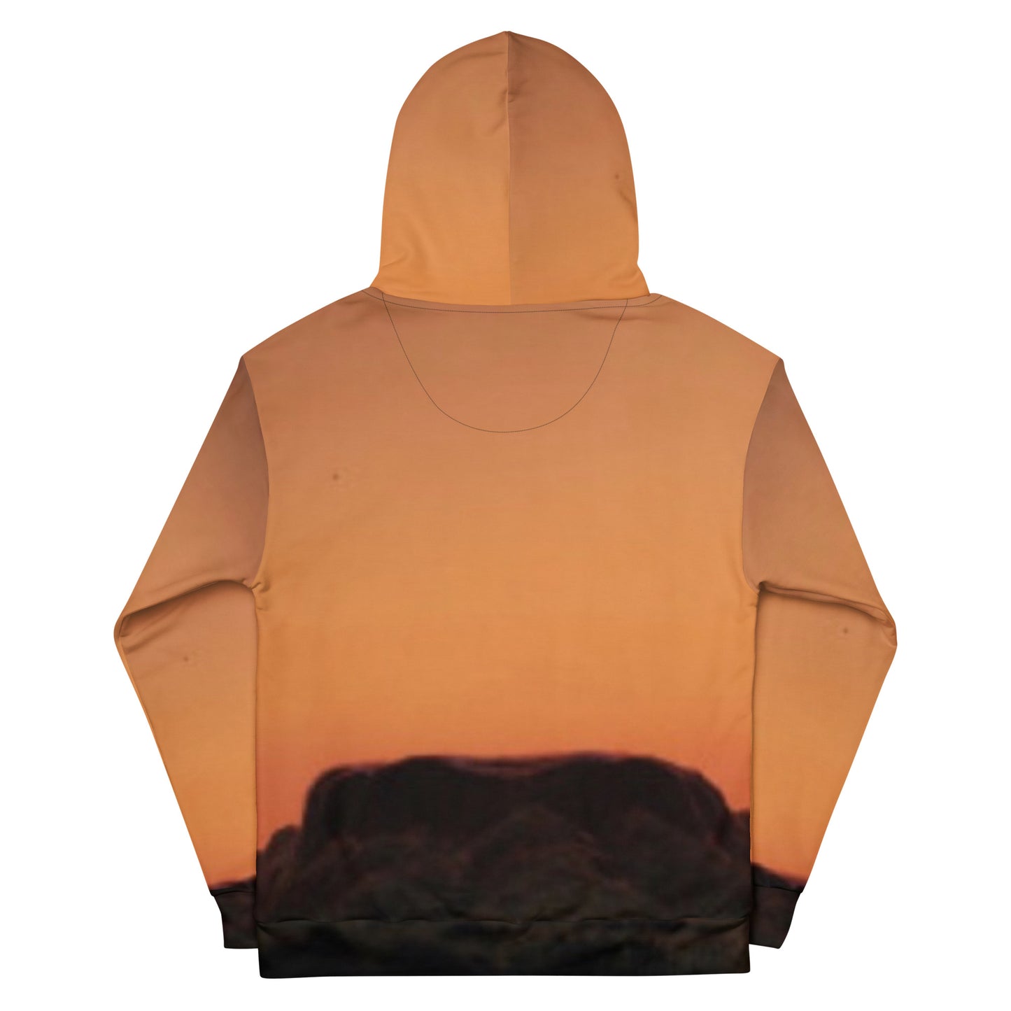Back view of Mesa Hoodie sunset design with orange and black gradient and hood