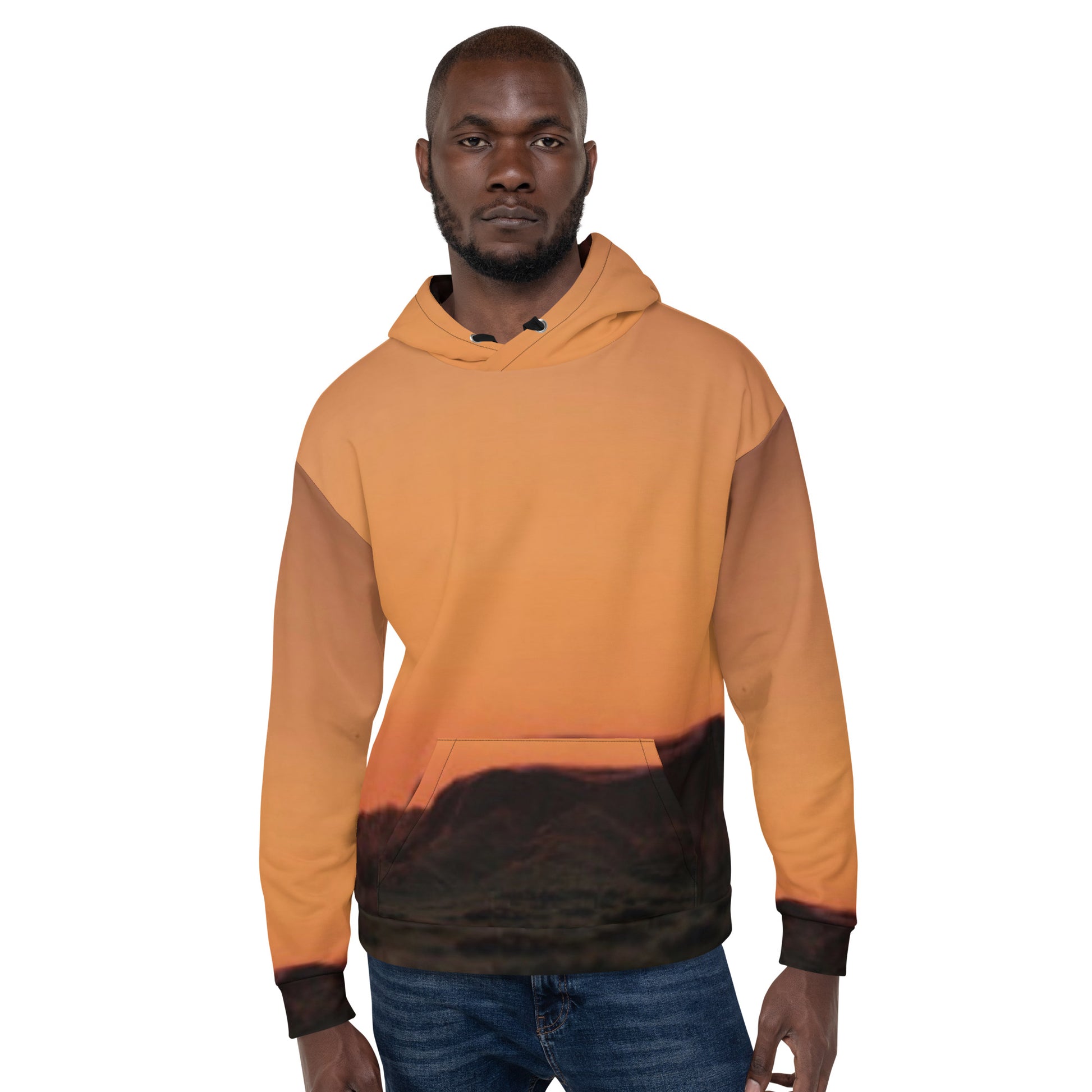Man wearing kallistii Mesa Hoodie sunset design in orange and black gradient with hood and front pocket