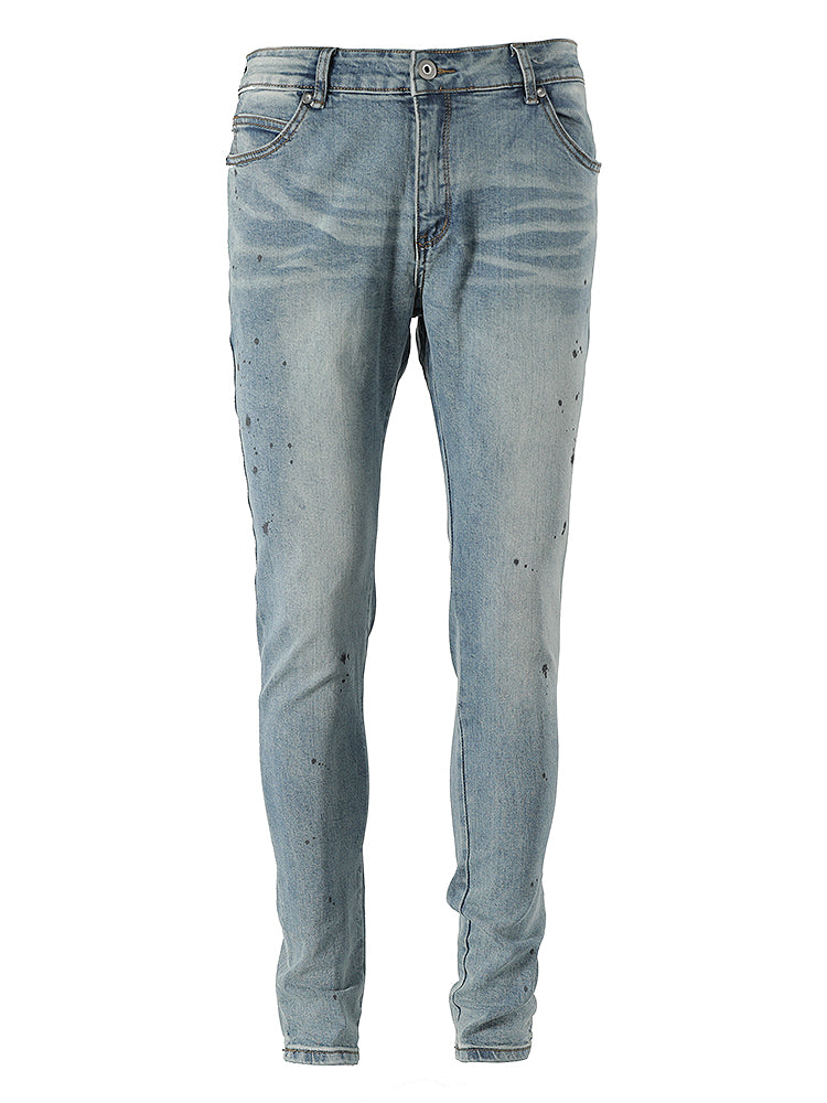 Kallistii painted effect slim fit jeans in light blue with subtle paint splatter design