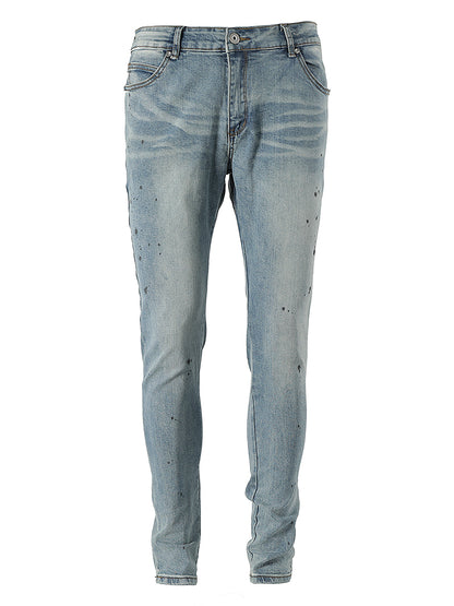 Kallistii painted effect slim fit jeans in light blue with subtle paint splatter design