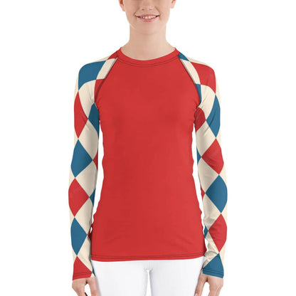 Kallistii long sleeve UPF swim top with red body and blue white red diamond patterned sleeves