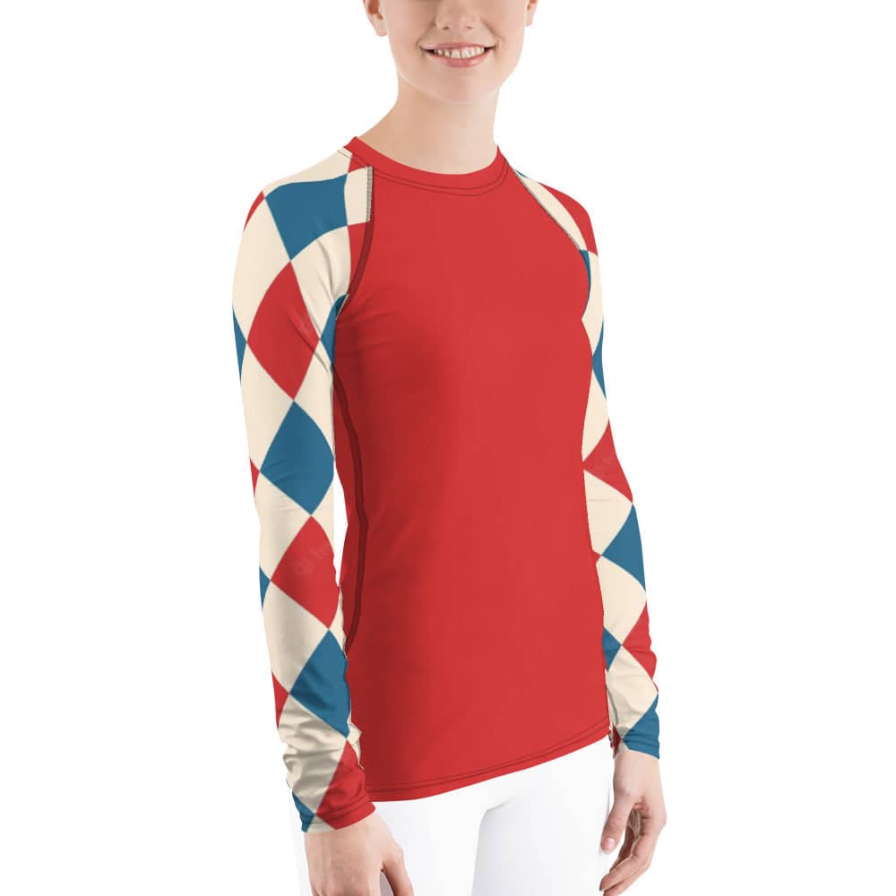 Kallistii long sleeve UPF swim top with red body and blue red diamond patterned sleeves