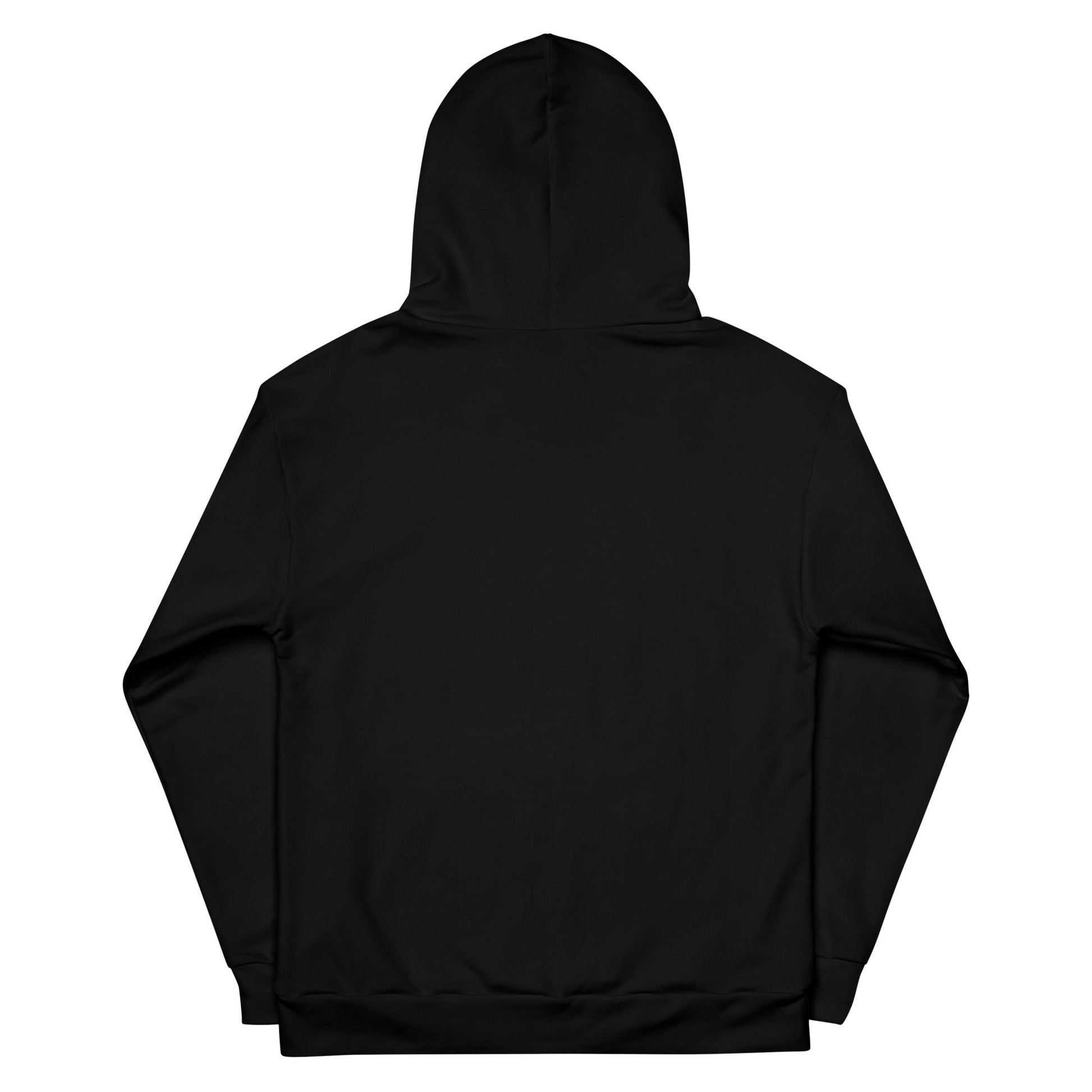 Black unique logo hoodie by kallistii shown from the back with hood and long sleeves