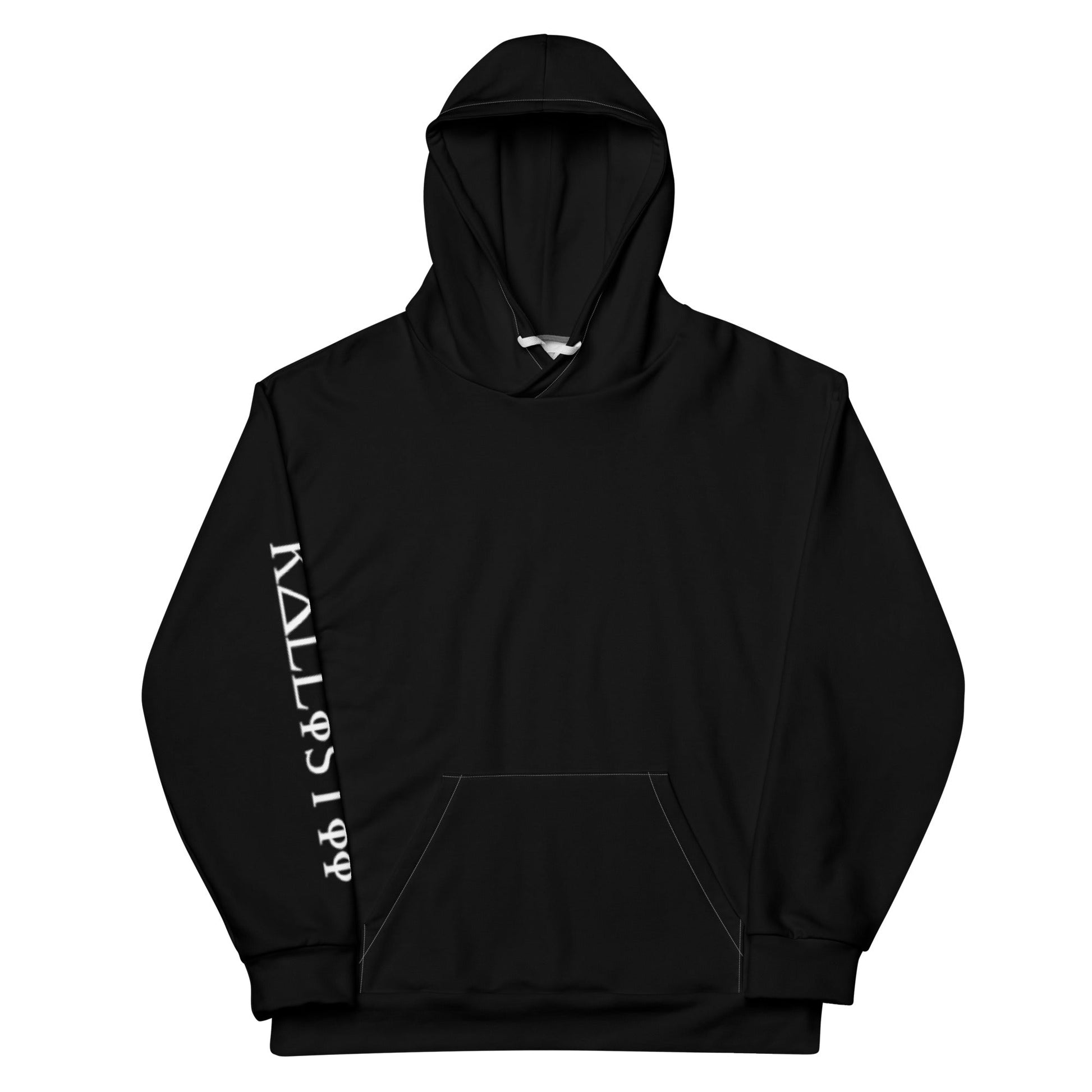Black unique logo hoodie by kallistii with white branding on the sleeve and front pocket