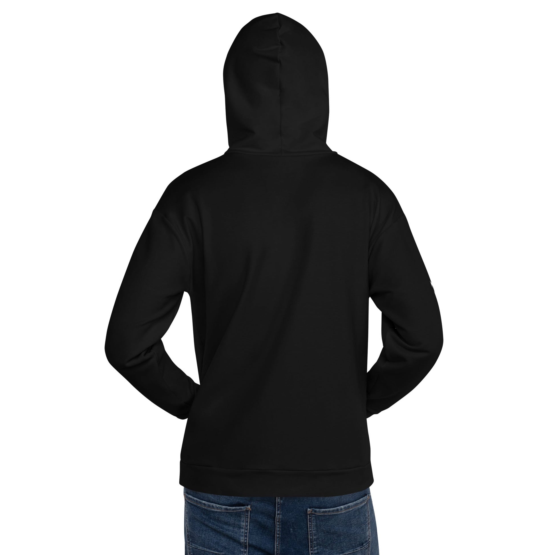 Back view of black unique logo hoodie by kallistii worn with blue jeans